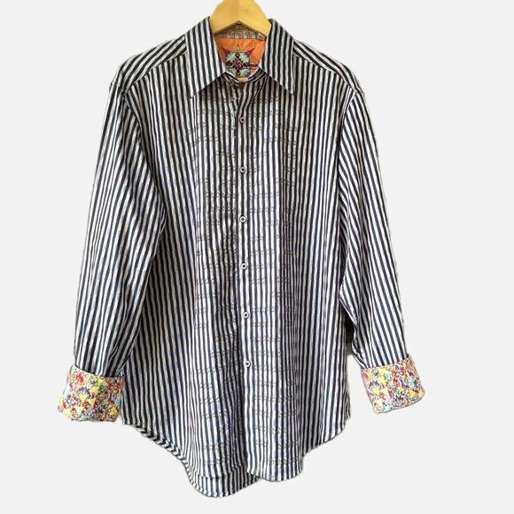 Robert Graham Flip Cuff Shirt Men's Size Large Button Up Striped Artsy